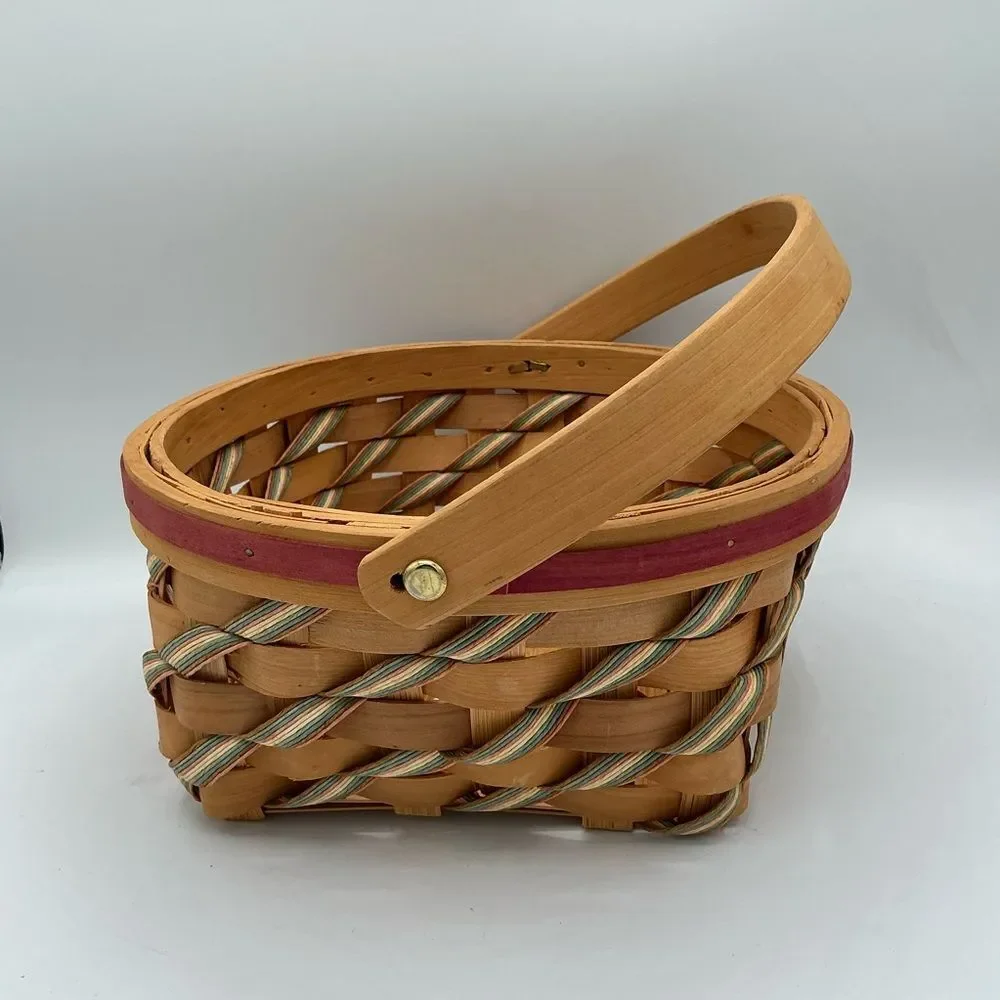 Striped Handwoven Round Basket Hinged Handle Pink/Green